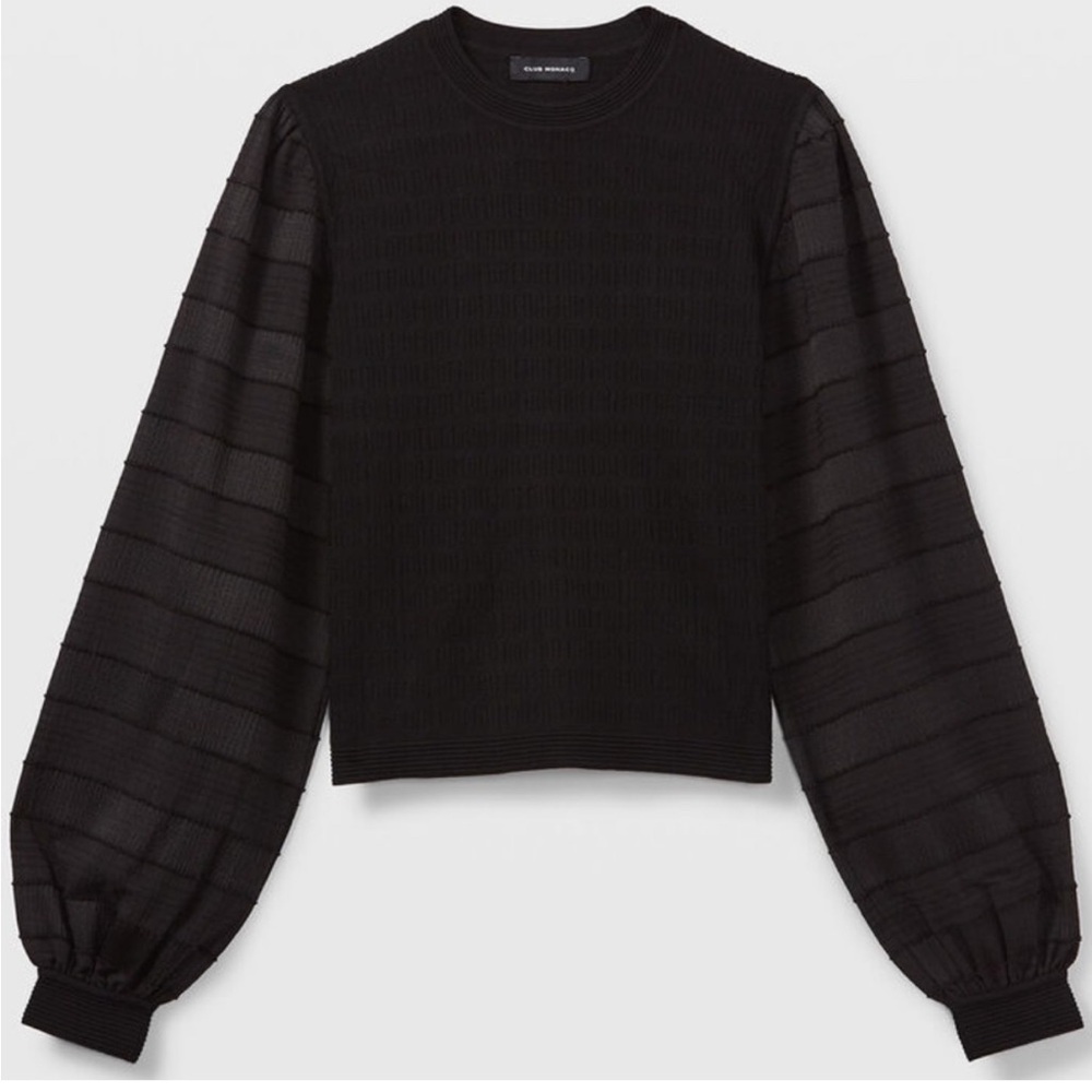 Club Monaco Black Crewneck Sweater with Sheer Balloon Sleeves (XS)